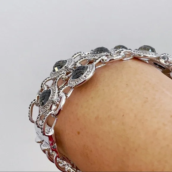 Silver Tone Hematite Labradorite CZ Cuff Bracelet